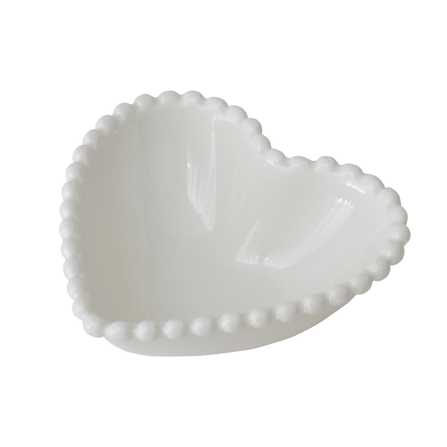 white ceramic heart shape bowl with a beaded edge