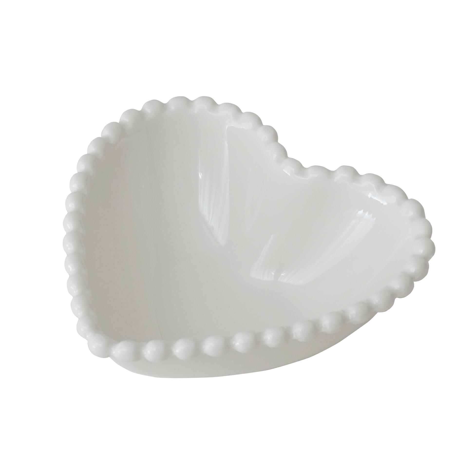 white ceramic heart shape bowl with a beaded edge