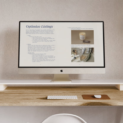 iMac screen displaying a part of eBook on "Optimize Listings", set on a wooden desk