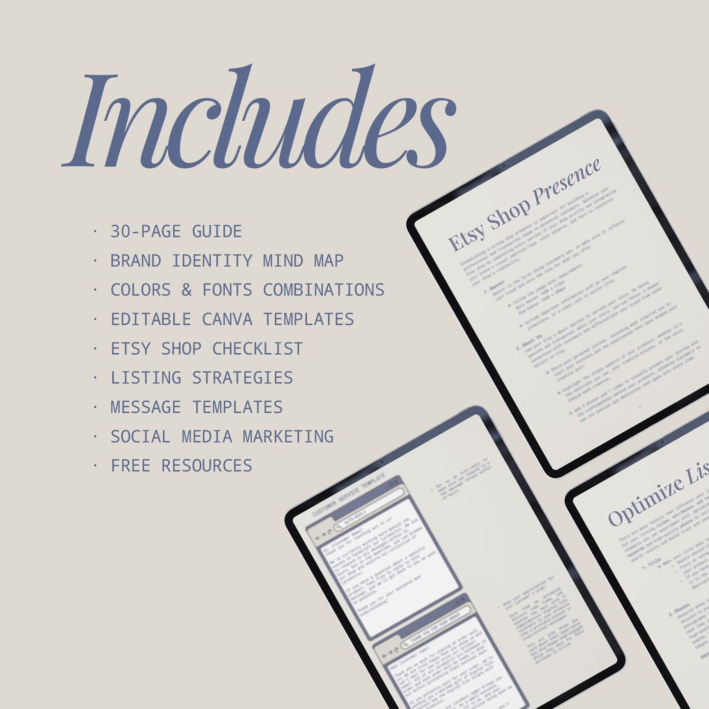 iPad screens displaying 30-page ebook, which includes brand identity mind map, colors & fonts combinations, editable Canva templates, Etsy shop checklist, listing strategies, message templates, social media marketing, and free resources