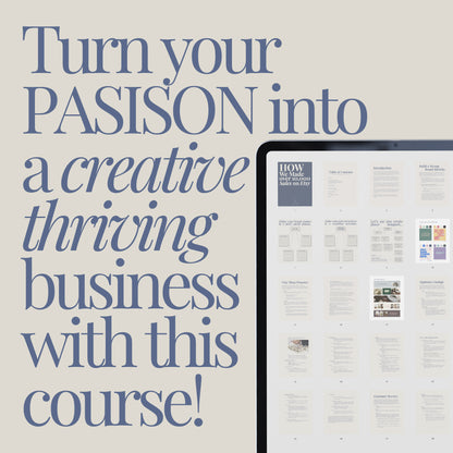 iPad Screen displaying 30-page Etsy Seller success guide: Turn your passion into a creative thriving business with this course