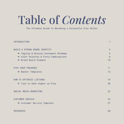 table of contents for "The Ultimate Guide to Becoming a Successful Etsy Seller"