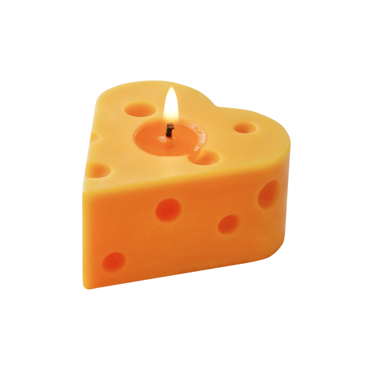 a lit heart-shaped cheese candl