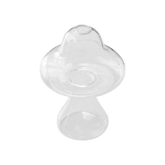 a clear mushroom-shaped vase