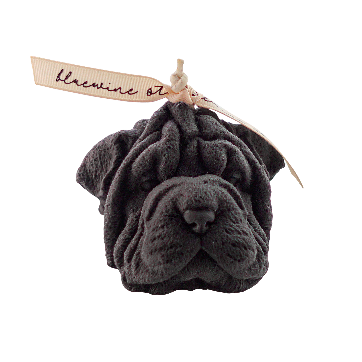 dark gray shar pei shape dog soy pillar candle with bluewine studio ribbon