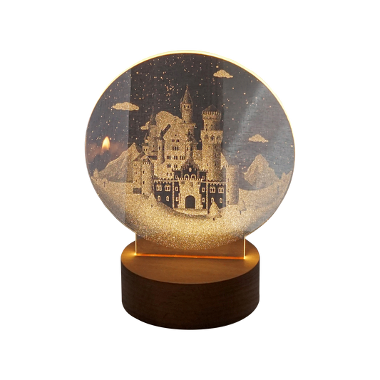 snowy night light scene engraved acrylic night light with wood base